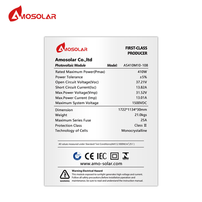Ηλιακό πάνελ μονοκρυσταλλικού τύπου Amosolar 410W με μισό κύτταρο με πίνακα διασύνδεσης IP68